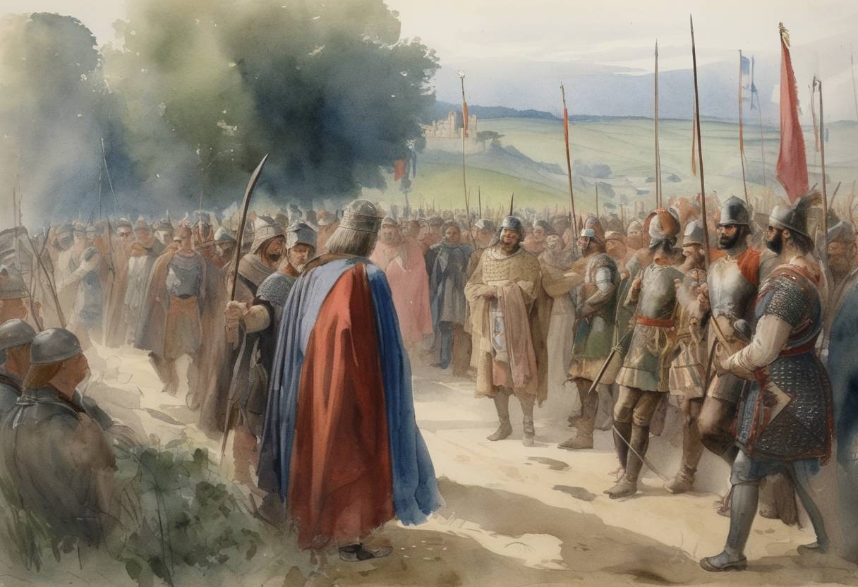 Watercolor painting based depiction of Pippin of Herstal, the Frankish statesman and mayor of the palace of Austrasia, dies, leading to a period of civil war among his descendants over the control of the Frankish territories. (714)
