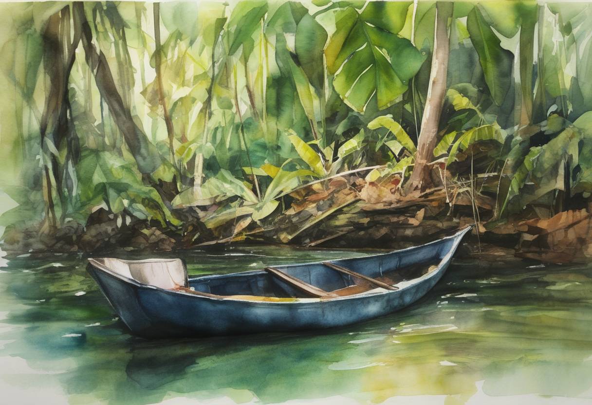 Watercolor painting based depiction of The Amazon rainforest plastic pollution crisis is addressed as scientists report that plastic along with other human-made waste is found as far as 1,000 miles deep into the jungle, impacting biodiversity. (2012)
