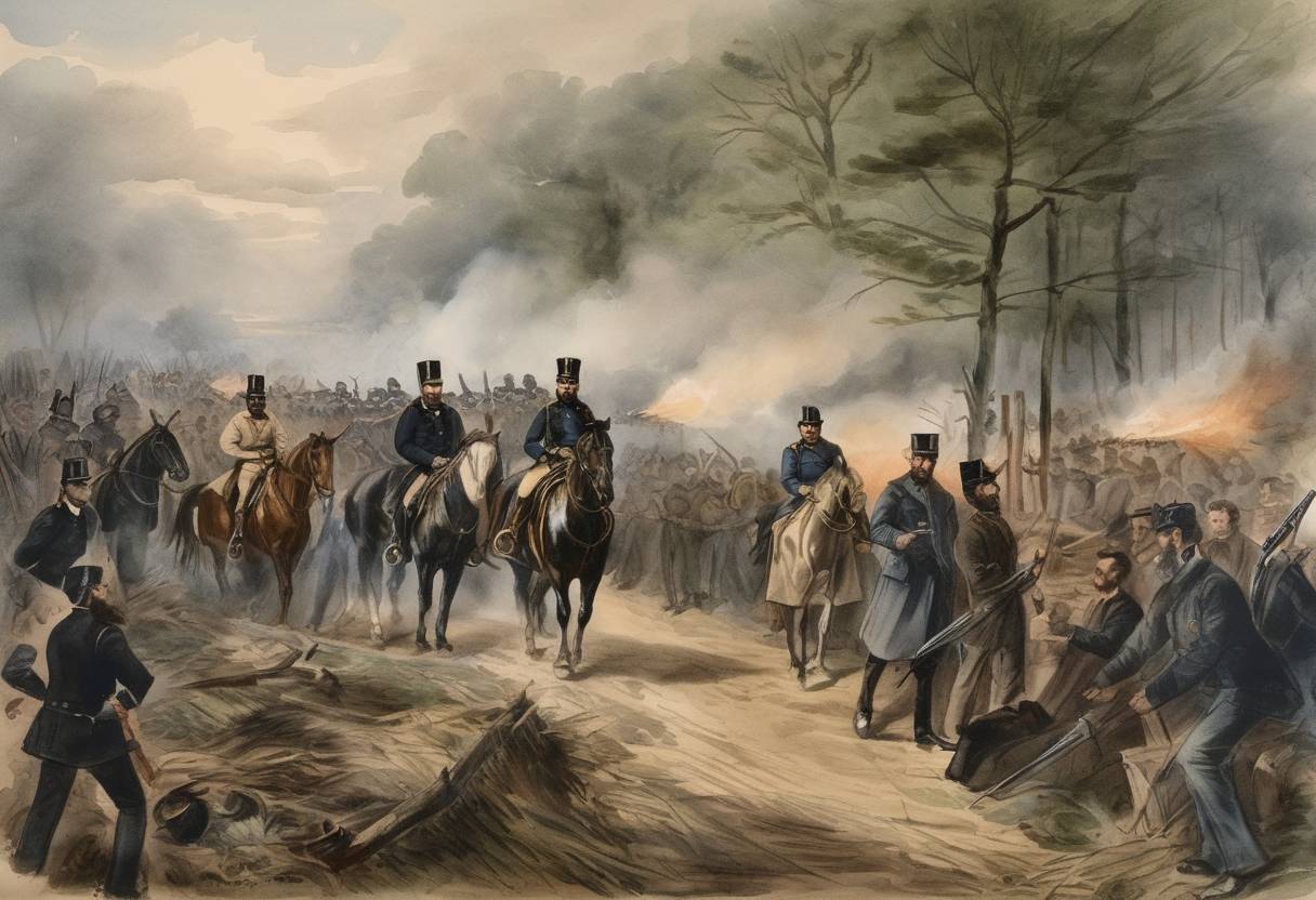 Watercolor painting based depiction of President Ulysses S. Grant condemns the activities of the Ku Klux Klan and deploys the U.S. military to suppress its activities in South Carolina, marking a significant step in the enforcement of civil rights during Reconstruction. (1871)