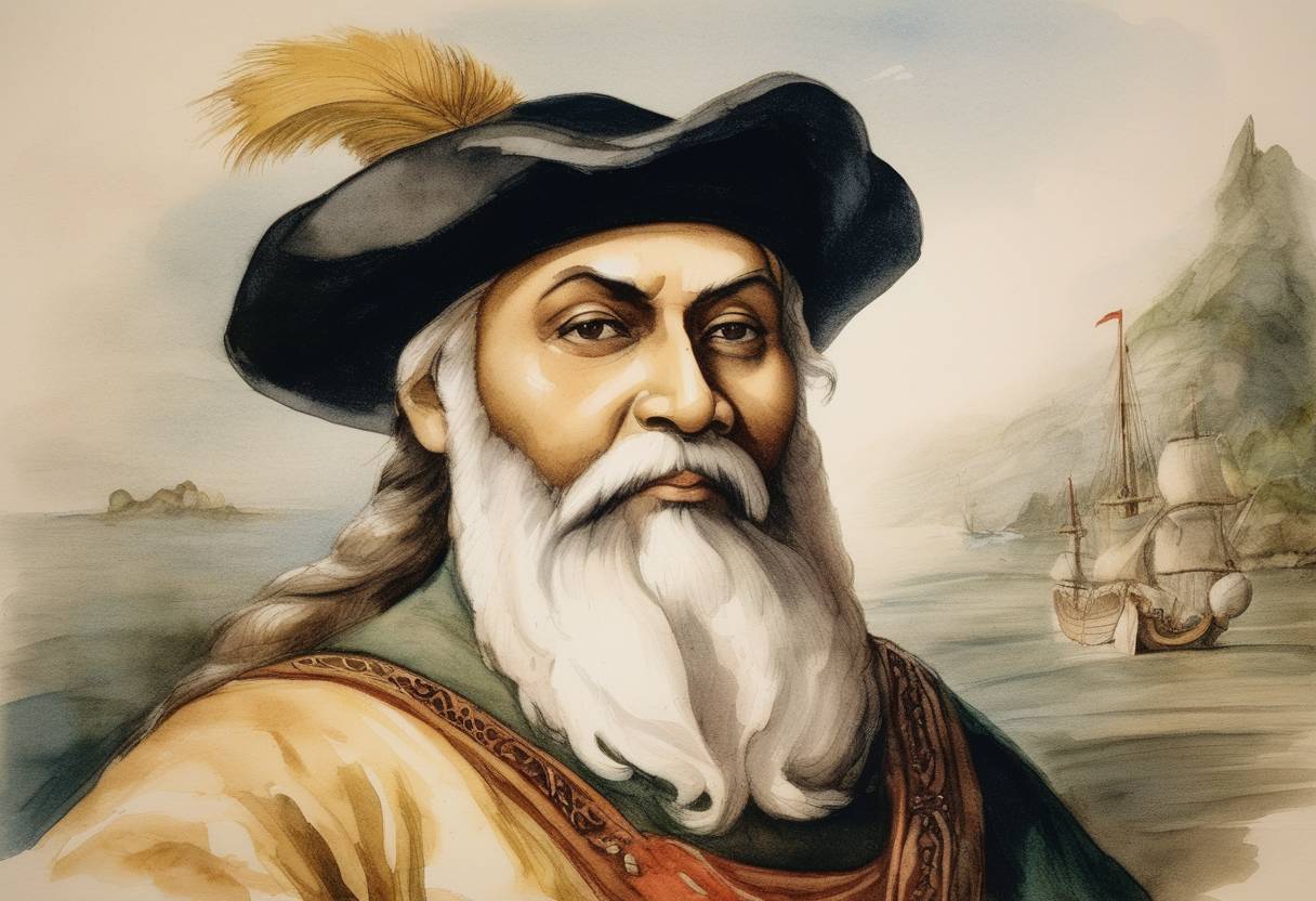 Watercolor painting based depiction of Portuguese explorer Vasco da Gama, famous for establishing a sea route from Europe to India, died in Cochin, present-day Kochi, India. (1524)