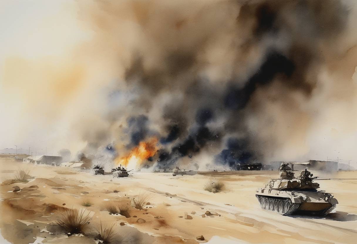 Watercolor painting based depiction of Militant attack on Camp Bastion in Afghanistan, killing two U.S. Marines and destroying several aircraft. (2012)