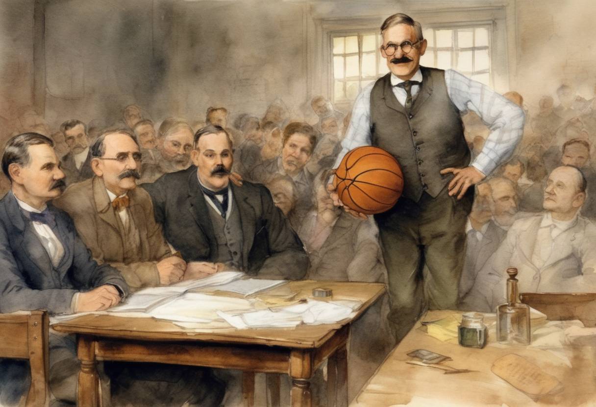 Watercolor painting based depiction of James Naismith creates the sport of basketball, narrating its rules to his class in Springfield, Massachusetts. (1891)