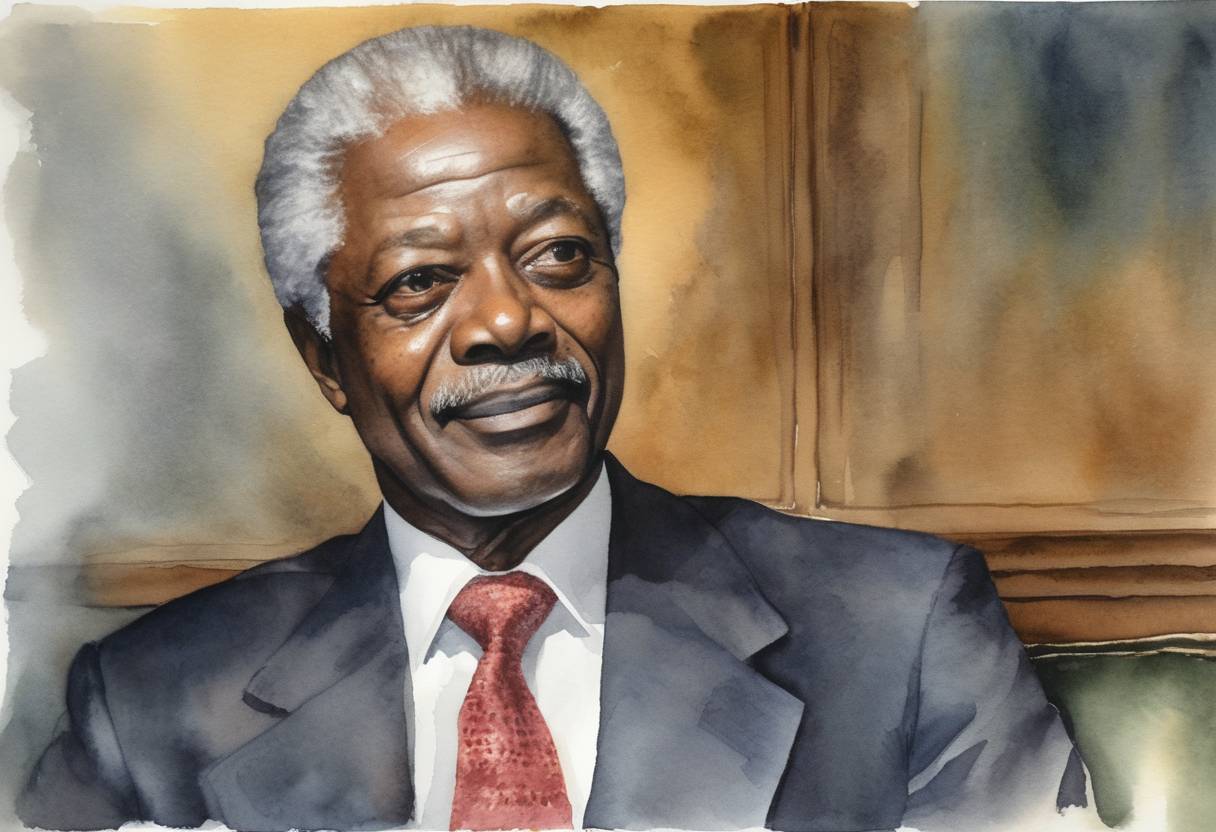 Watercolor painting based depiction of Kofi Annan from Ghana is appointed as the Secretary-General of the United Nations, becoming the first black African to head the organization. He takes office on January 1, 1997, serving two terms. (1996)