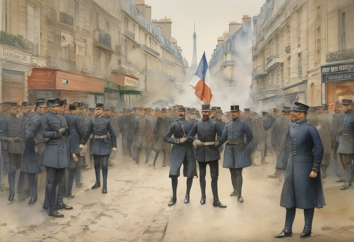 Watercolor painting based depiction of The Dreyfus Affair began in France when Alfred Dreyfus, a Jewish French army officer, was convicted of treason in a highly controversial trial. (1894)