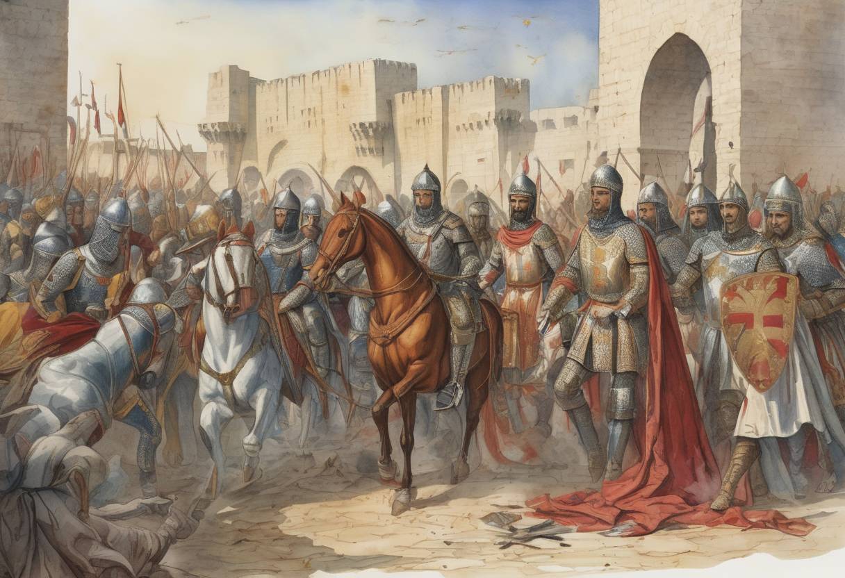 Watercolor painting based depiction of The Eighth Crusade, led by King Louis IX of France, ends with his death from dysentery in Tunis. (1270)