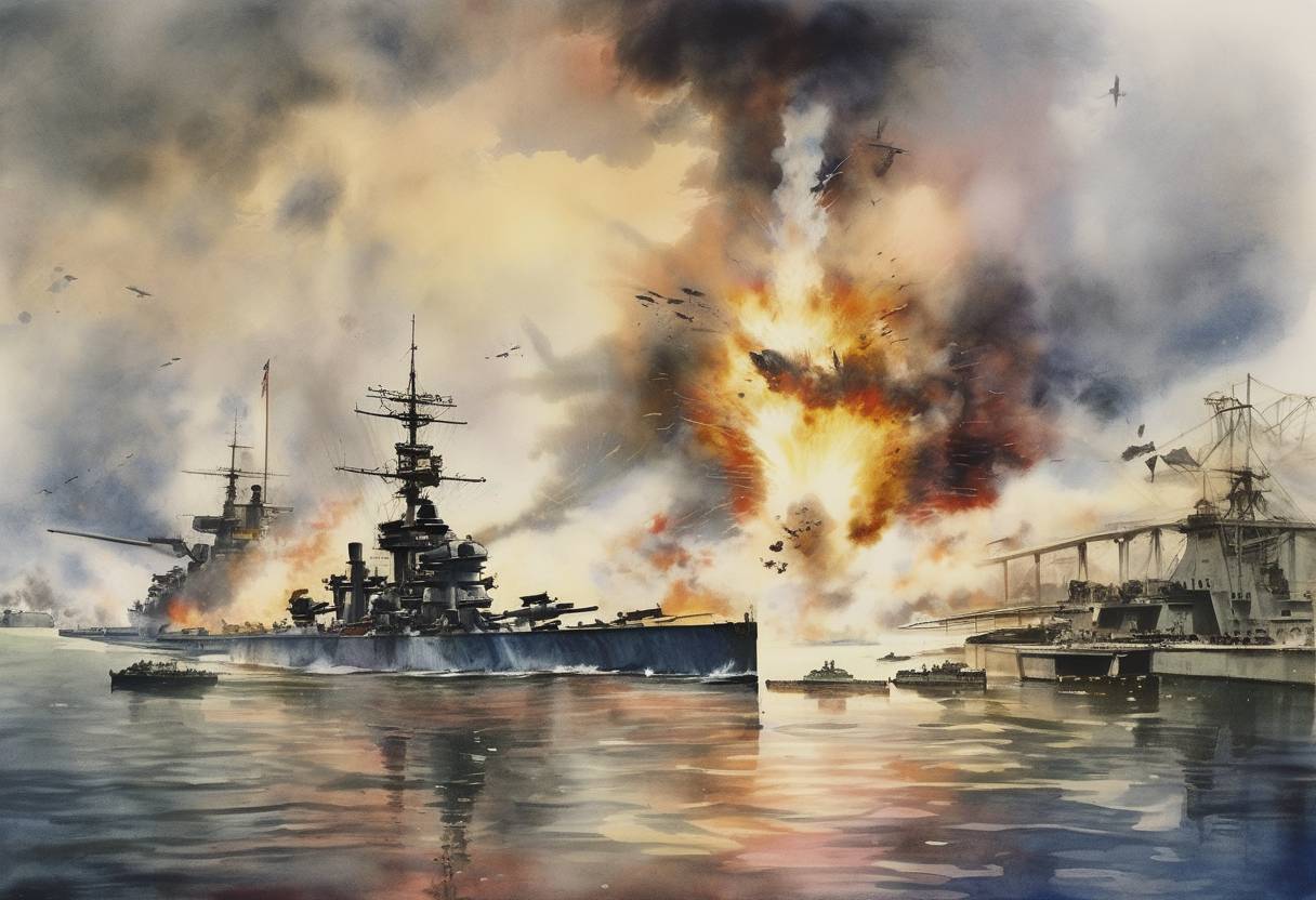 Watercolor painting based depiction of The Imperial Japanese Navy attacks the United States naval base at Pearl Harbor, Hawaii, leading to the United States' entry into World War II. (1941)