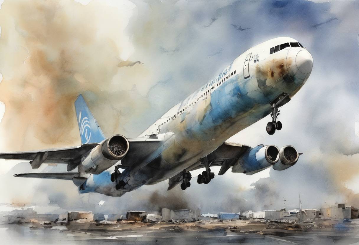 Watercolor painting based depiction of The United Nations lifted sanctions against Libya after it accepted responsibility for the 1988 bombing of Pan Am Flight 103 over Lockerbie, Scotland, and agreed to pay compensation to the victims' families. (2003)