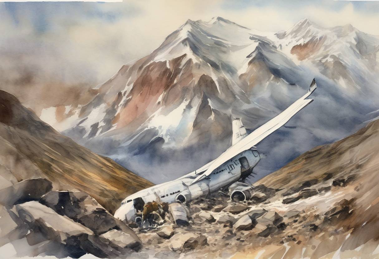 Watercolor painting based depiction of Uruguayan Air Force Flight 571 crashed in the Andes mountains, leading to a famous survival story where the survivors resorted to cannibalism. (1972)