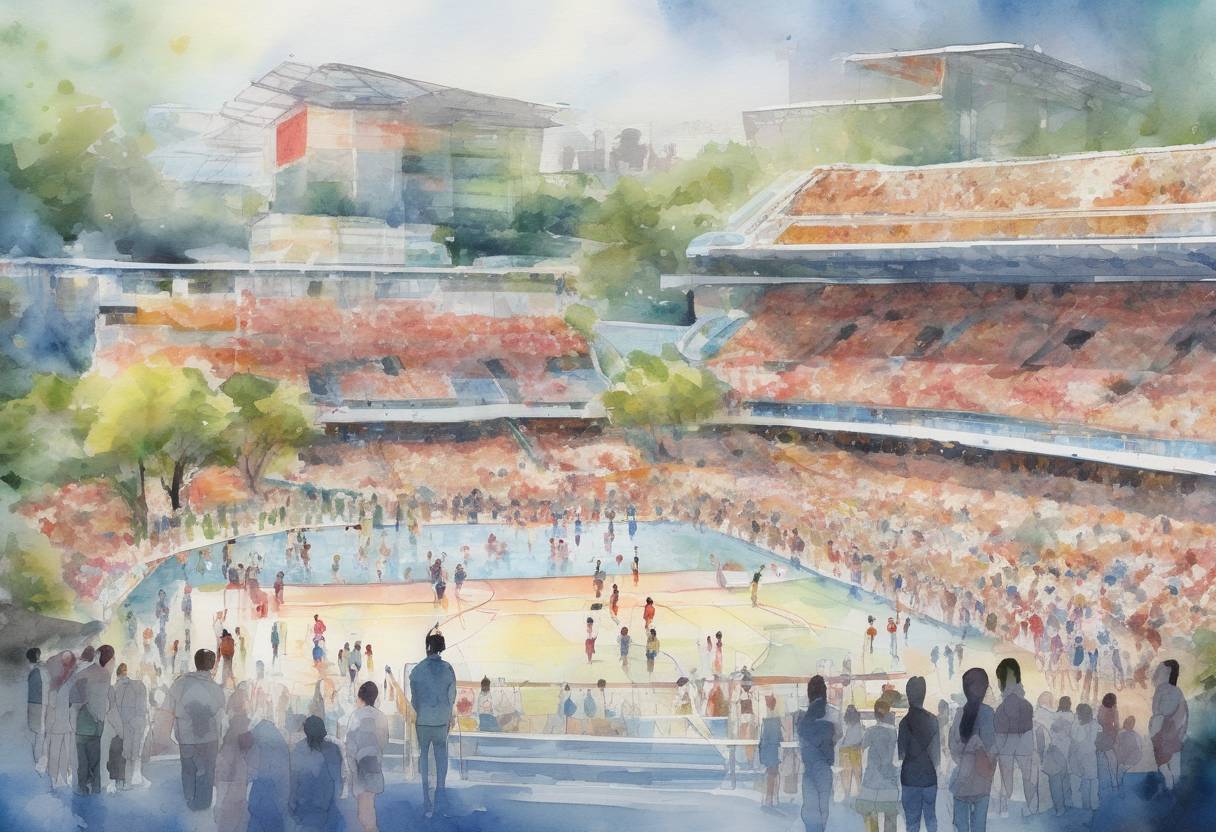 Watercolor painting based depiction of The Tokyo 2020 Summer Olympics, postponed due to the COVID-19 pandemic, continued with events held under strict health protocols and without spectators. (2021)