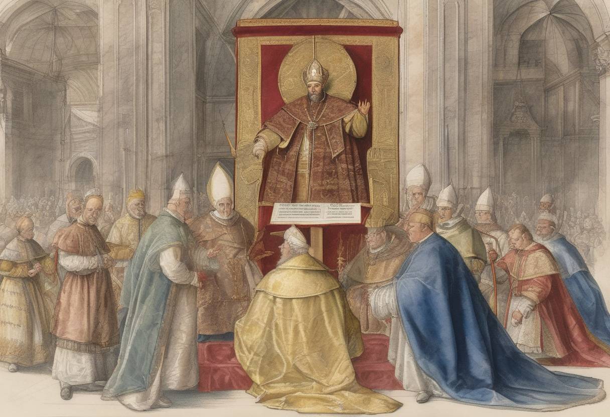 Watercolor painting based depiction of Pope Paul III excommunicated King Henry VIII of England. (1538)