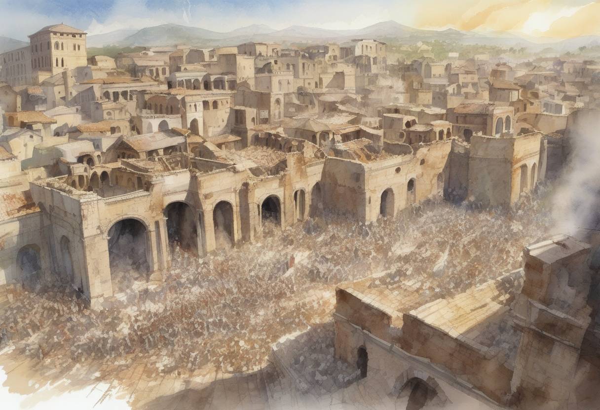 Watercolor painting based depiction of A devastating earthquake struck the city of Antioch, causing widespread destruction and loss of life. The earthquake is estimated to have killed around 250,000 people, making it one of the deadliest earthquakes in recorded history. (526)