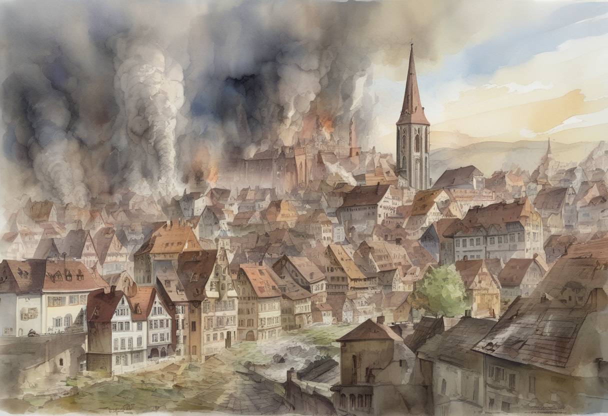 Watercolor painting based depiction of The Basel earthquake, one of the most significant seismic events in Central Europe, struck the region, causing widespread destruction in Basel and surrounding areas. (1356)