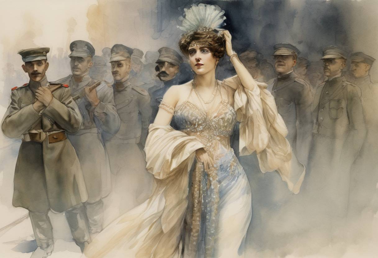 Watercolor painting based depiction of Mata Hari, a Dutch exotic dancer and courtesan, is executed by firing squad for espionage during World War I. (1917)