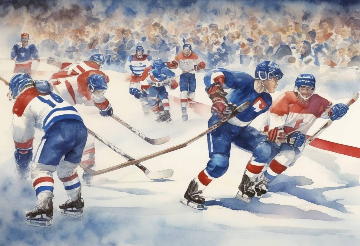 Watercolor painting based depiction of The United States Olympic hockey team defeated Finland to win the gold medal at the Winter Olympics in Lake Placid, completing the 'Miracle on Ice' tournament. (1980)