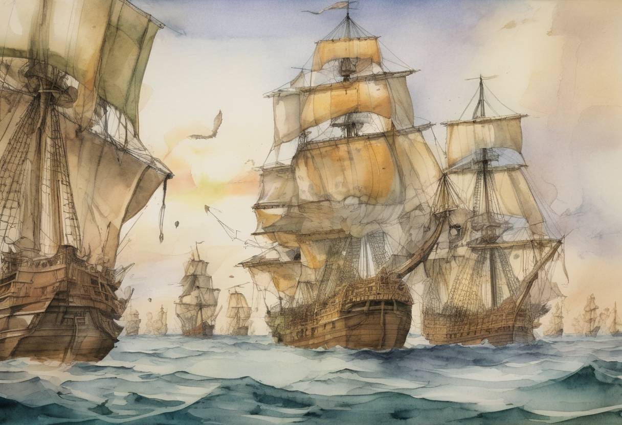 Watercolor painting based depiction of Christopher Columbus set sail on his second voyage to the New World, with a fleet of 17 ships carrying supplies and settlers. (1493)