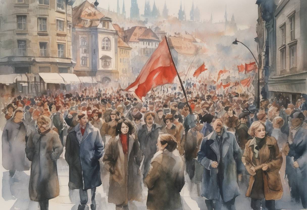 Watercolor painting based depiction of The Velvet Revolution began in Czechoslovakia with a student demonstration in Prague, leading to the end of communist rule. (1989)