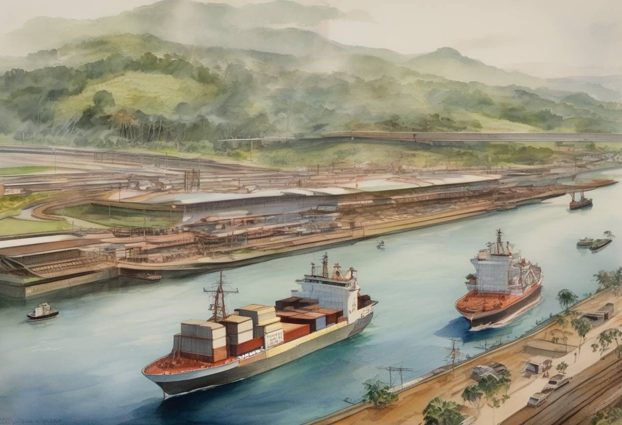 Watercolor painting based depiction of The United States returned sovereignty of the Panama Canal to Panama, as stipulated in the Torrijos-Carter Treaties. (1979)