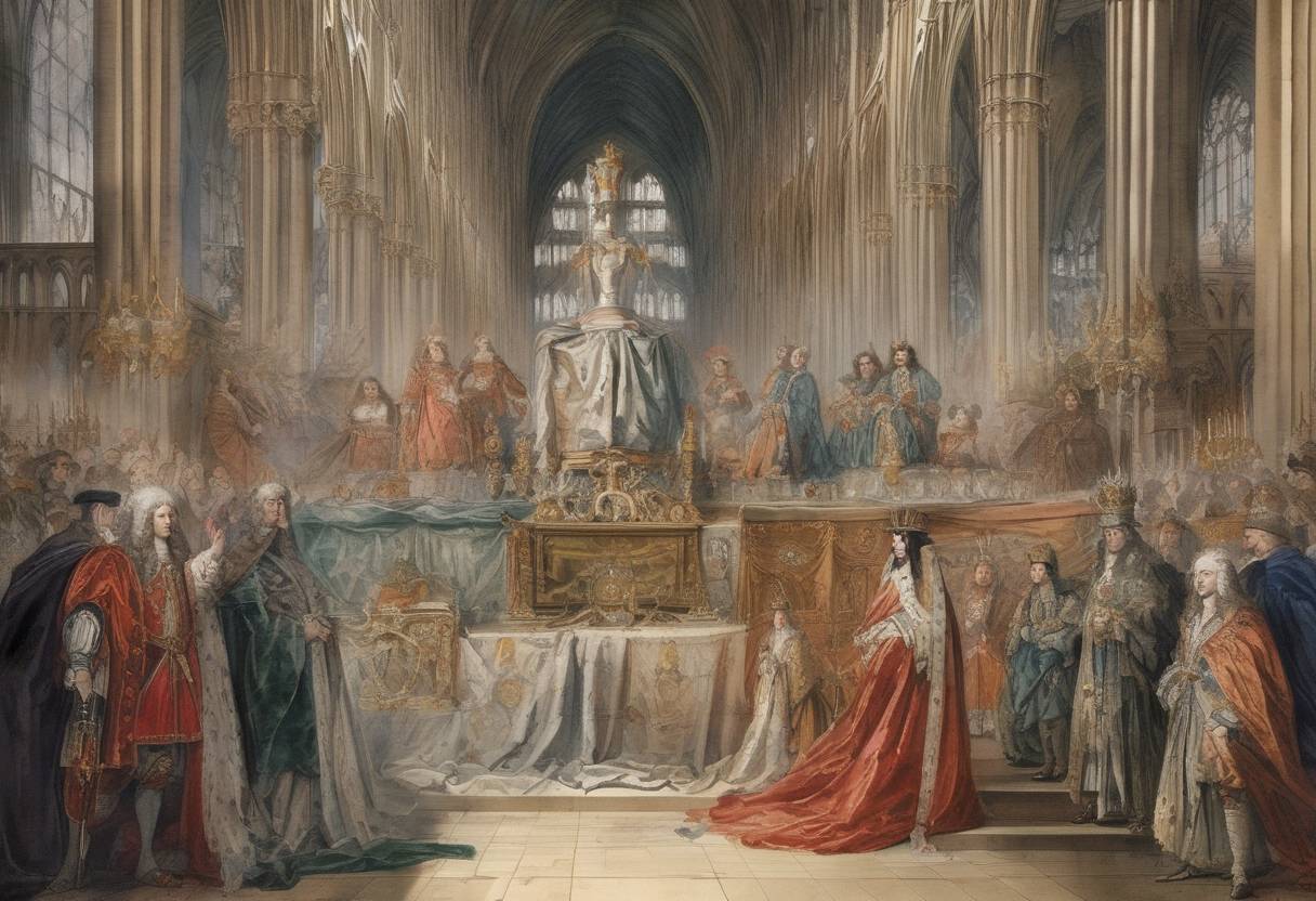 Watercolor painting based depiction of King Charles II of England, Scotland, and Ireland was crowned in Westminster Abbey, marking the restoration of the monarchy after the English Civil War and the Interregnum. (1661)