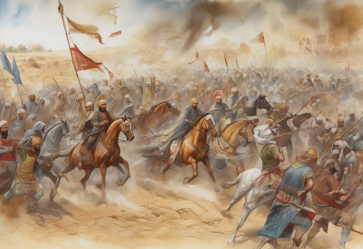 Watercolor painting based depiction of The Battle of Bakhamra takes place, where the Abbasid Caliphate defeats the Alid rebels in Iraq, solidifying Abbasid control. (763)