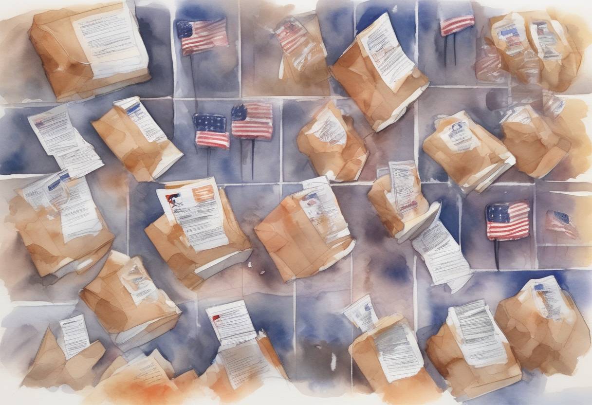 Watercolor painting based depiction of The United States presidential election took place, with a record number of mail-in ballots due to the COVID-19 pandemic. The election results were not immediately clear, leading to several days of counting and legal challenges. (2020)