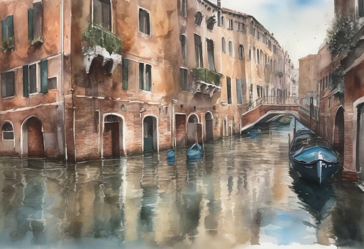 Watercolor painting based depiction of Venice, Italy, experienced its worst flooding in more than 50 years, with water levels reaching 1.87 meters (6.14 feet), causing extensive damage to historic sites and buildings. (2019)