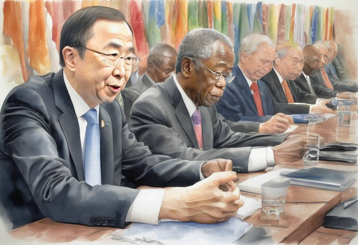 Watercolor painting based depiction of Ban Ki-moon is elected as the eighth Secretary-General of the United Nations, succeeding Kofi Annan. (2006)
