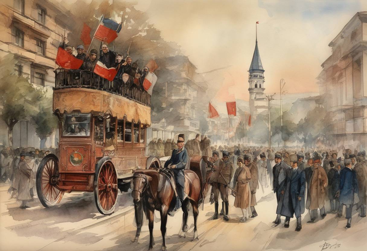 Watercolor painting based depiction of The Republic of Turkey was proclaimed, with Mustafa Kemal Atatürk as its first President, marking the end of the Ottoman Empire. (1923)