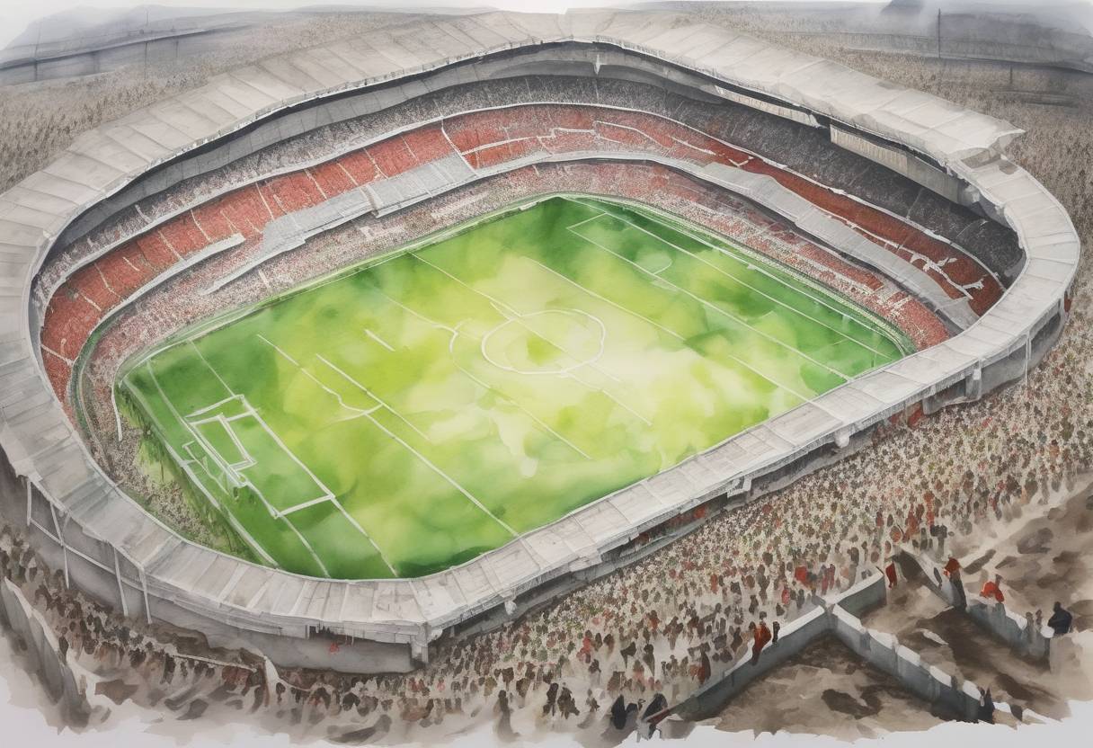 Watercolor painting based depiction of The Heysel Stadium disaster occurred in Brussels, Belgium, when a wall collapsed during a European Cup final, resulting in 39 deaths and hundreds of injuries. (1985)