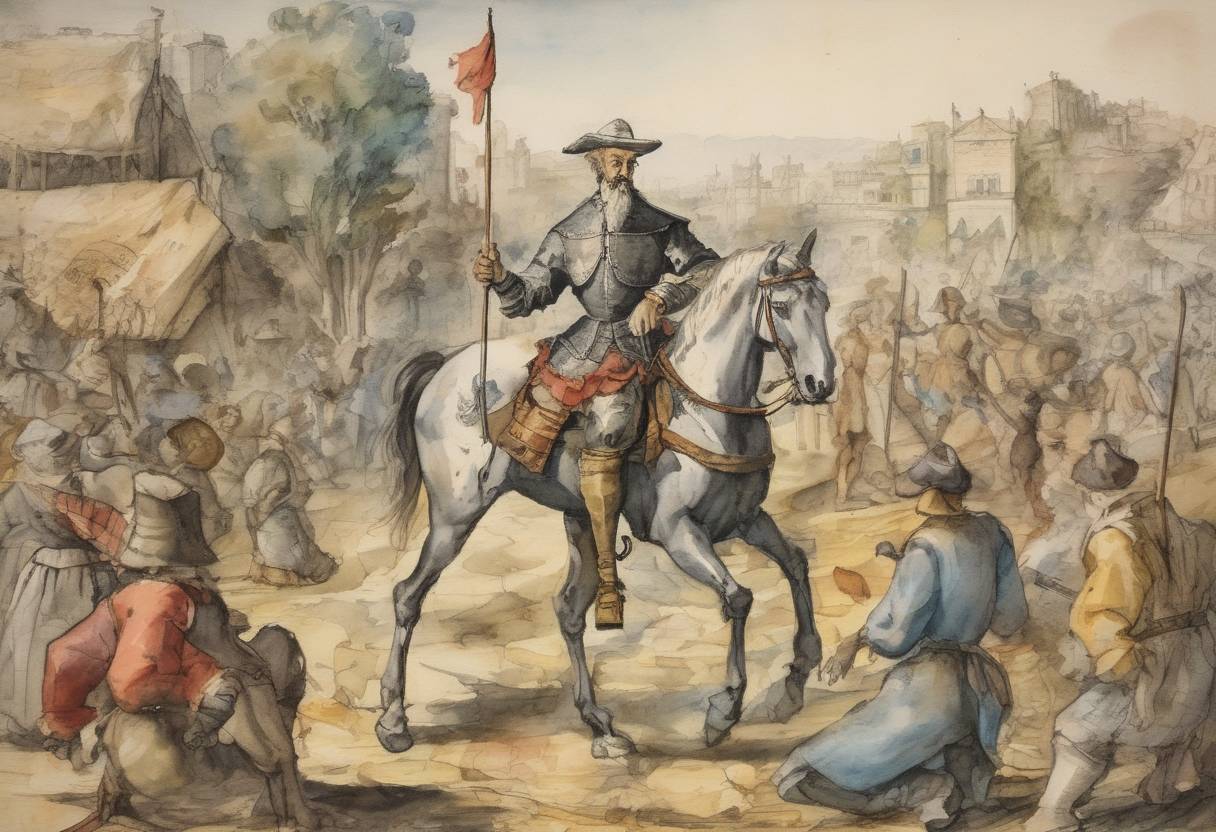 Watercolor painting based depiction of The first edition of 'Don Quixote' by Miguel de Cervantes was published in Madrid, Spain, becoming one of the most influential works of literature. (1605)