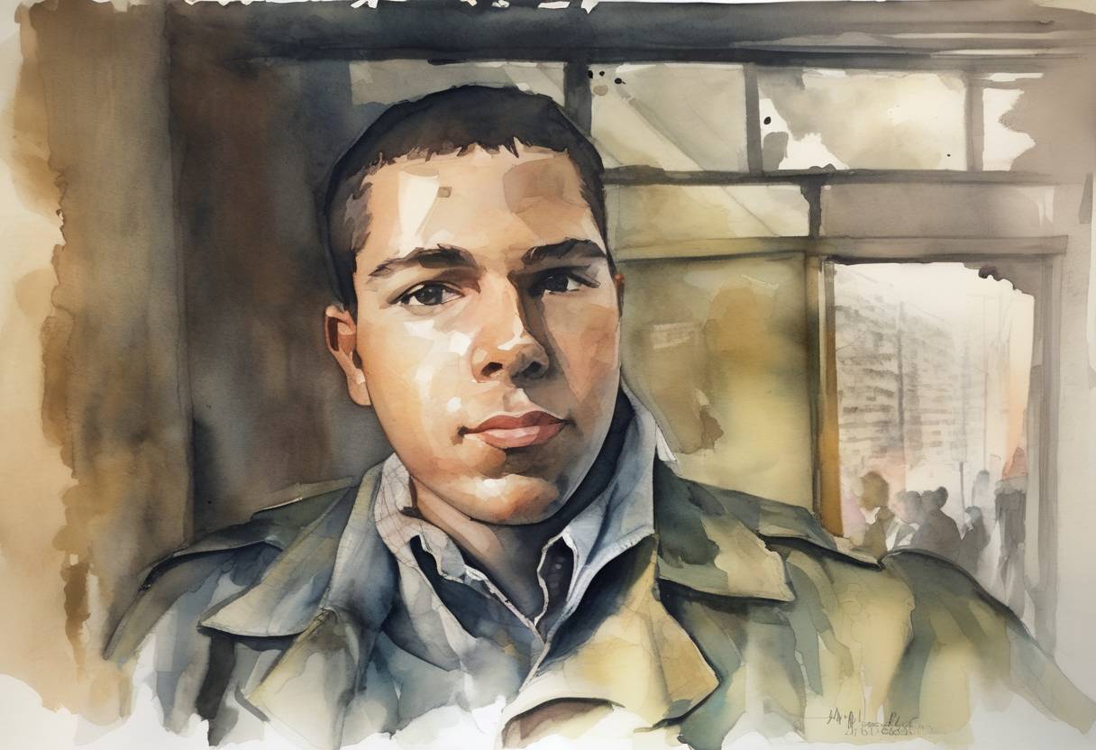 Watercolor painting based depiction of Jean Charles de Menezes, a Brazilian electrician, was mistakenly shot and killed by police at Stockwell tube station in London, amid heightened security following the July 7 bombings. (2005)