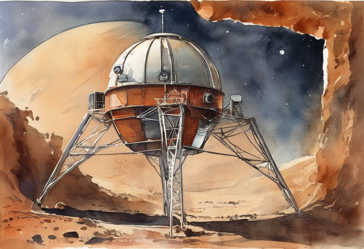 Watercolor painting based depiction of The Soviet space program's Mars 2 lander became the first human-made object to reach the surface of Mars, although it crash-landed. (1971)