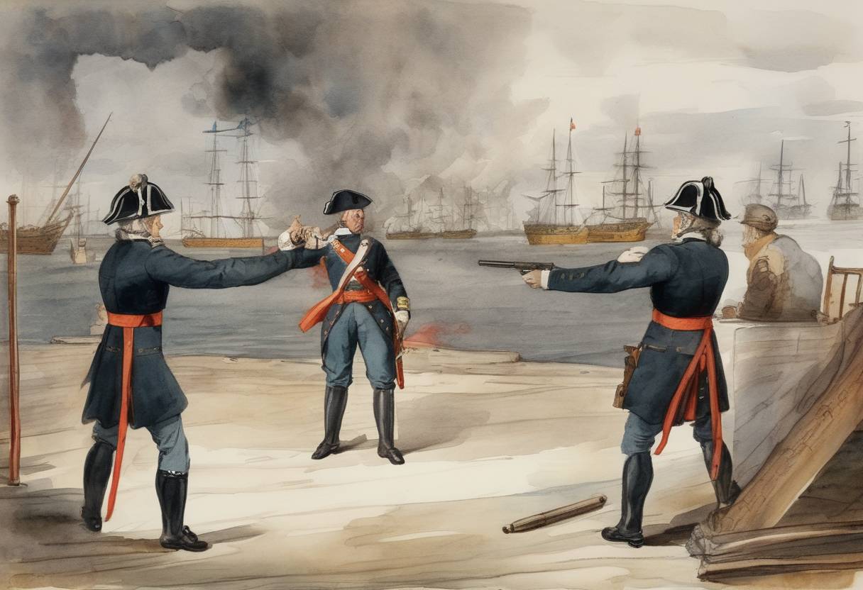 Watercolor painting based depiction of Admiral Sir John Byng is executed by firing squad aboard HMS Monarch for breach of the Articles of War after failing to relieve the besieged British garrison in the Battle of Minorca. (1757)