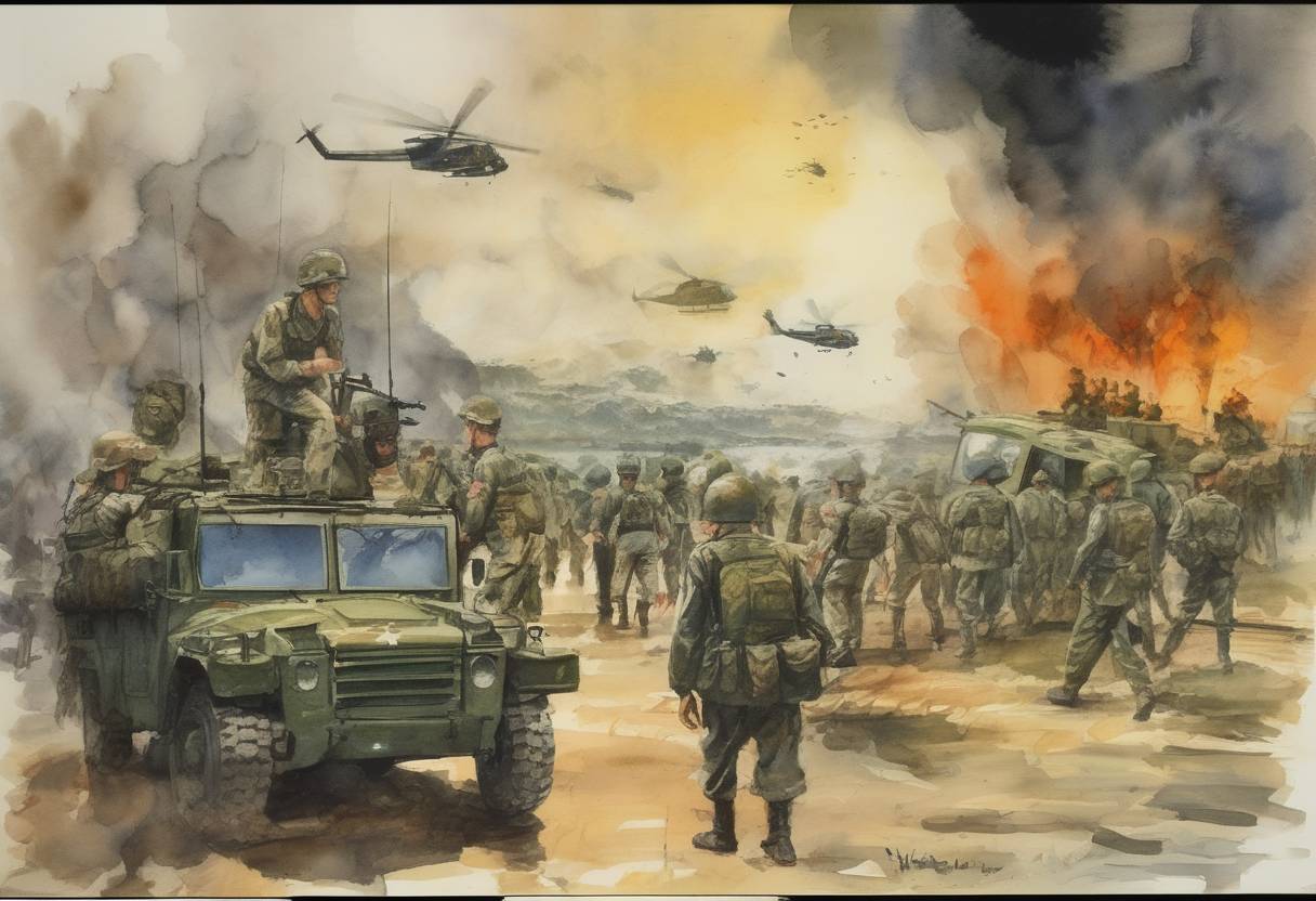 Watercolor painting based depiction of The first U.S. combat troops arrived in Vietnam, marking a significant escalation in American involvement in the Vietnam War. (1965)