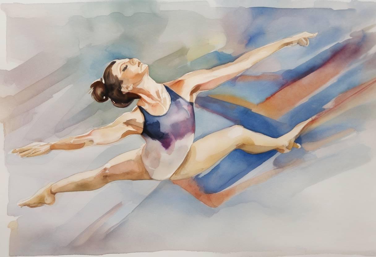 Watercolor painting based depiction of Nadia Comăneci became the first gymnast to score a perfect 10 at the Olympic Games. (1976)