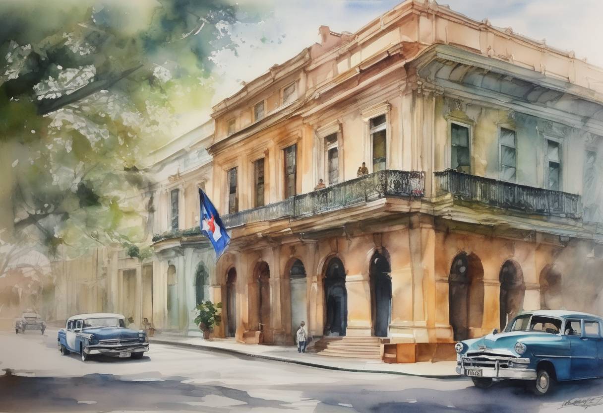 Watercolor painting based depiction of The United States and Cuba reopened embassies in each other's capitals, marking the restoration of diplomatic relations after more than 50 years of hostility. (2015)