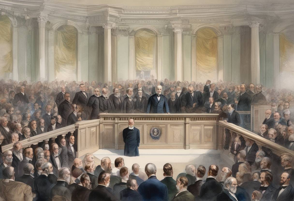 Watercolor painting based depiction of Rutherford B. Hayes was inaugurated as the 19th President of the United States, ending the disputed 1876 presidential election. (1877)