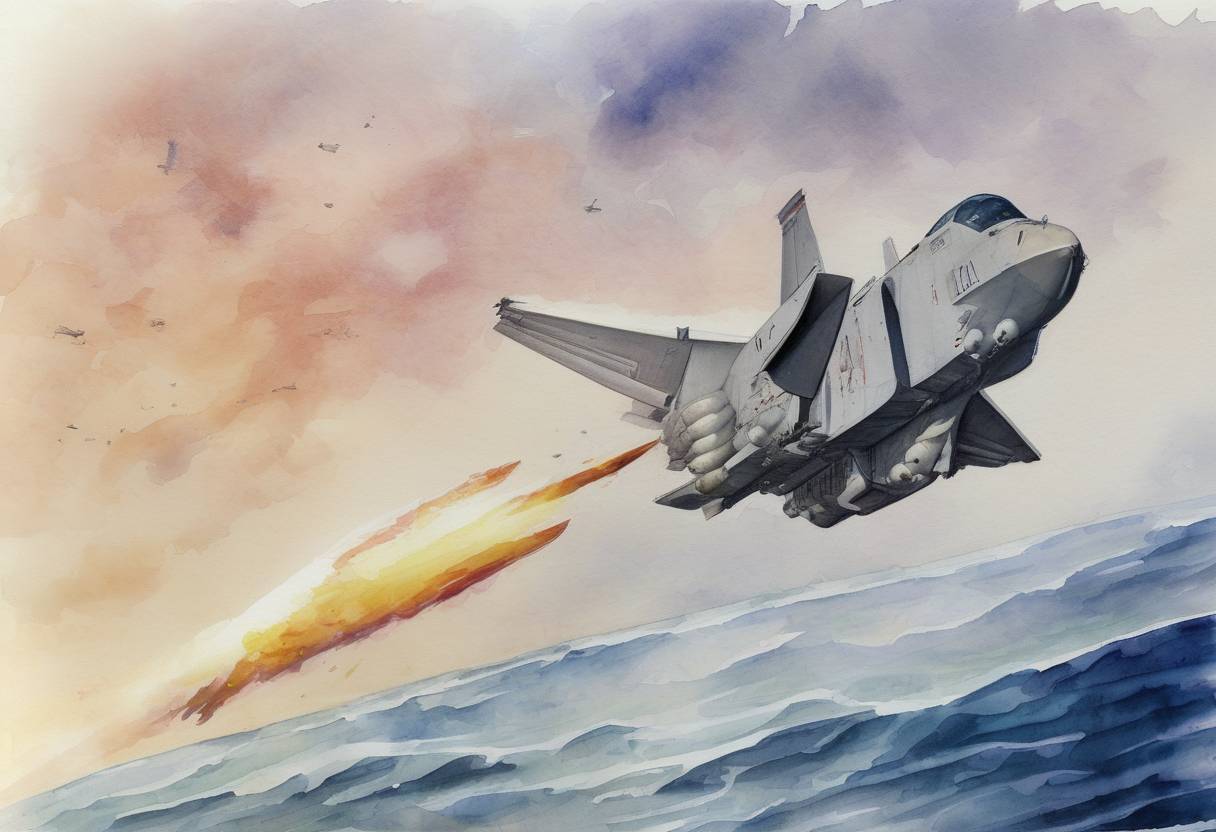 Watercolor painting based depiction of The United States Navy successfully shoots down a malfunctioning spy satellite, USA-193, over the Pacific Ocean using a ship-based missile. (2008)