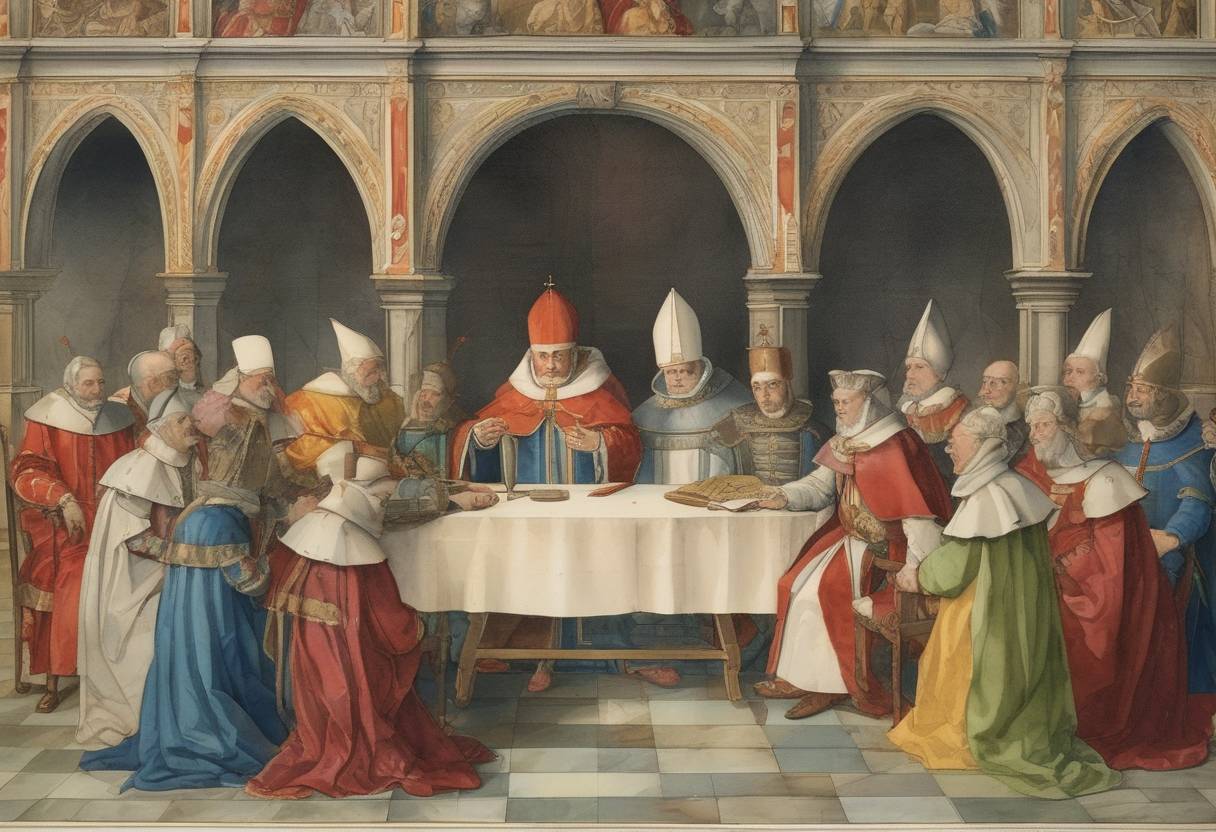 Watercolor painting based depiction of The Council of Basel suspended Pope Eugene IV. (1438)