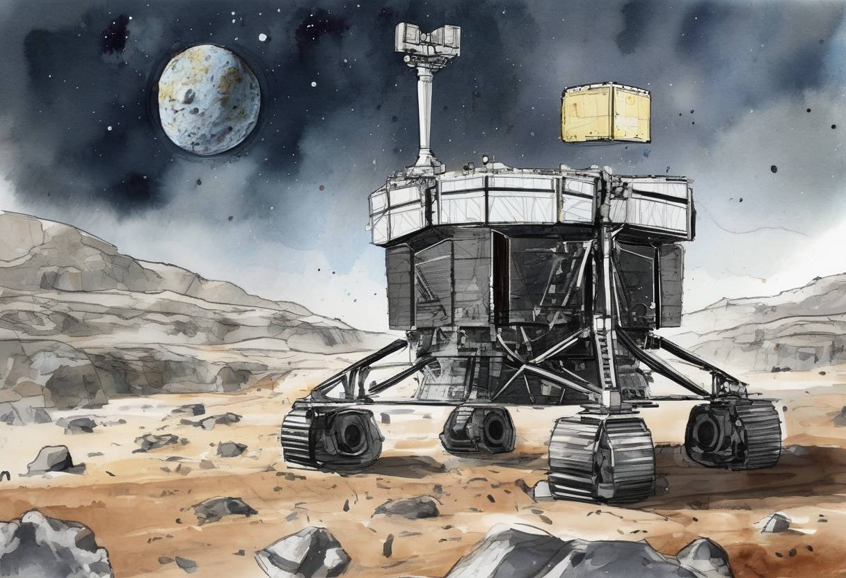 Watercolor painting based depiction of The European Space Agency's Rosetta mission successfully lands its Philae probe on the surface of Comet 67P/Churyumov-Gerasimenko, marking the first time a spacecraft has landed on a comet. (2014)