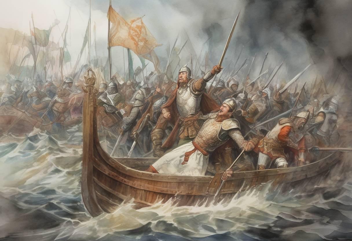 Watercolor painting based depiction of Battle of Islandbridge: High King of Ireland Niall Glúndub is killed in battle against the Norse Vikings near Dublin. (919)