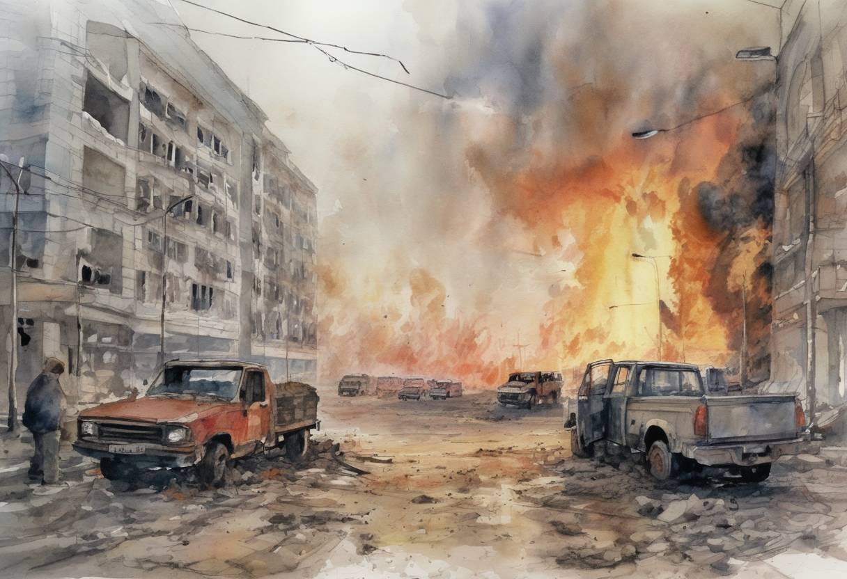 Watercolor painting based depiction of Two truck bombs exploded in the Chechen capital of Grozny, killing at least 72 people and injuring more than 200. The attack targeted the pro-Moscow government headquarters, highlighting the ongoing conflict in the region. (2002)