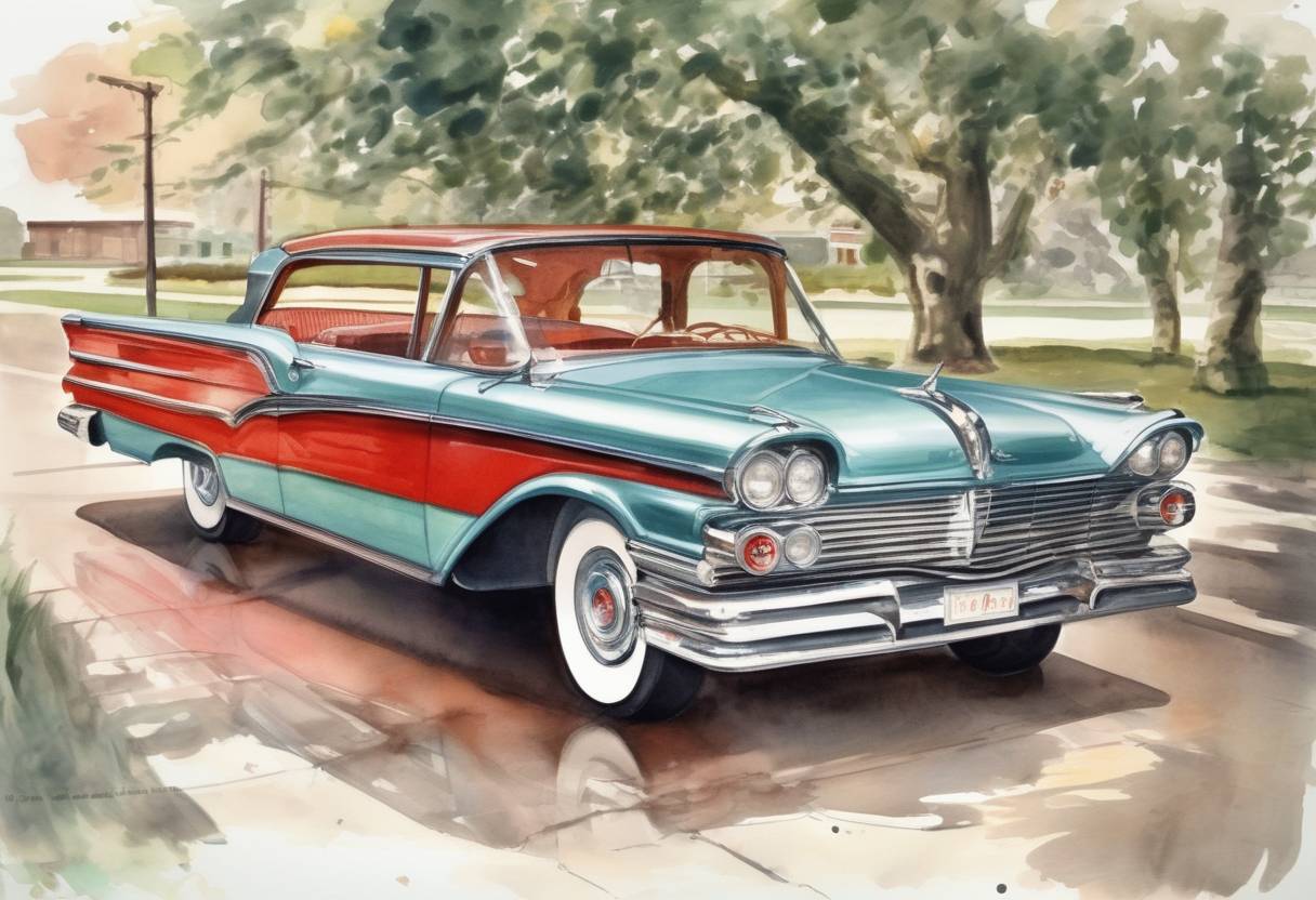 Watercolor painting based depiction of The Ford Motor Company introduced the Edsel automobile, which became a notable commercial failure. (1957)