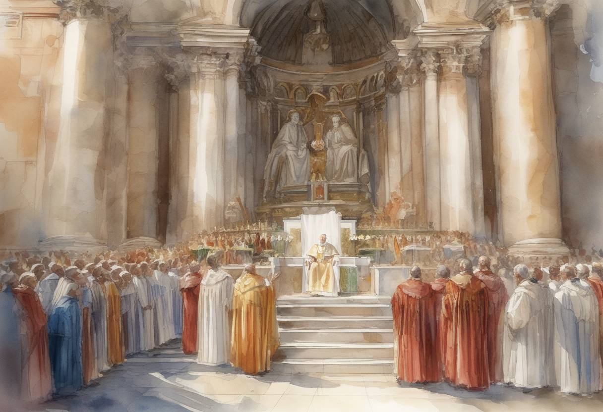 Watercolor painting based depiction of Pope Leo IV was consecrated as the 103rd pope of the Roman Catholic Church, known for fortifying Rome against Saracen raids. (847)