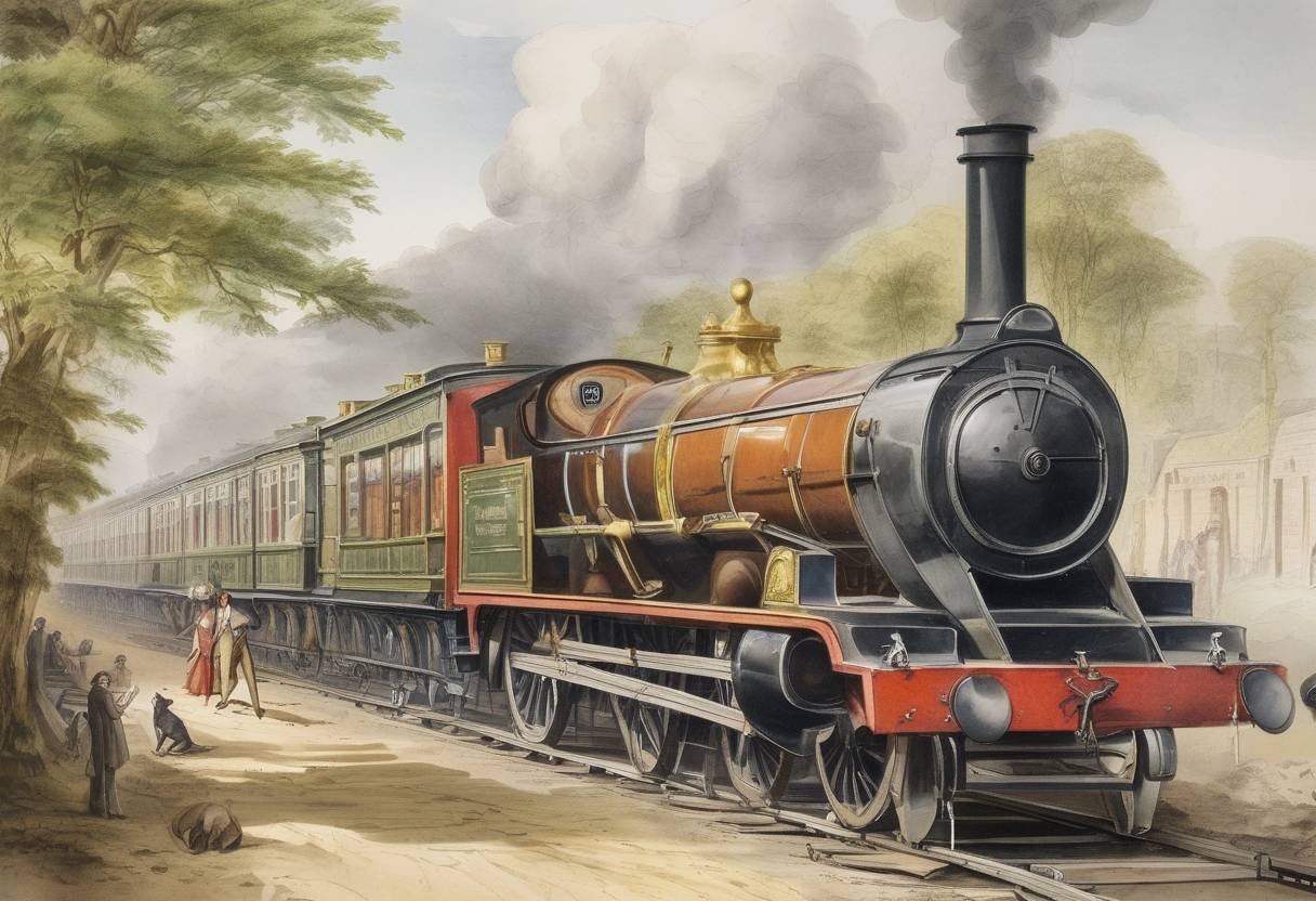 Watercolor painting based depiction of The first commercial use of an electric telegraph was demonstrated by William Fothergill Cooke and Charles Wheatstone on the Great Western Railway in England. (1837)