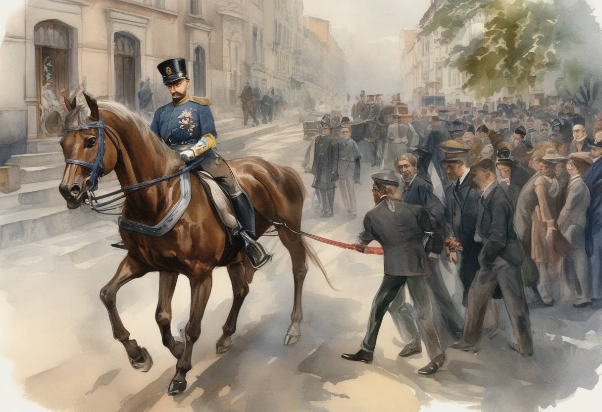Watercolor painting based depiction of King Carlos I of Portugal and his heir, Prince Luis Filipe, are assassinated in Lisbon. (1908)