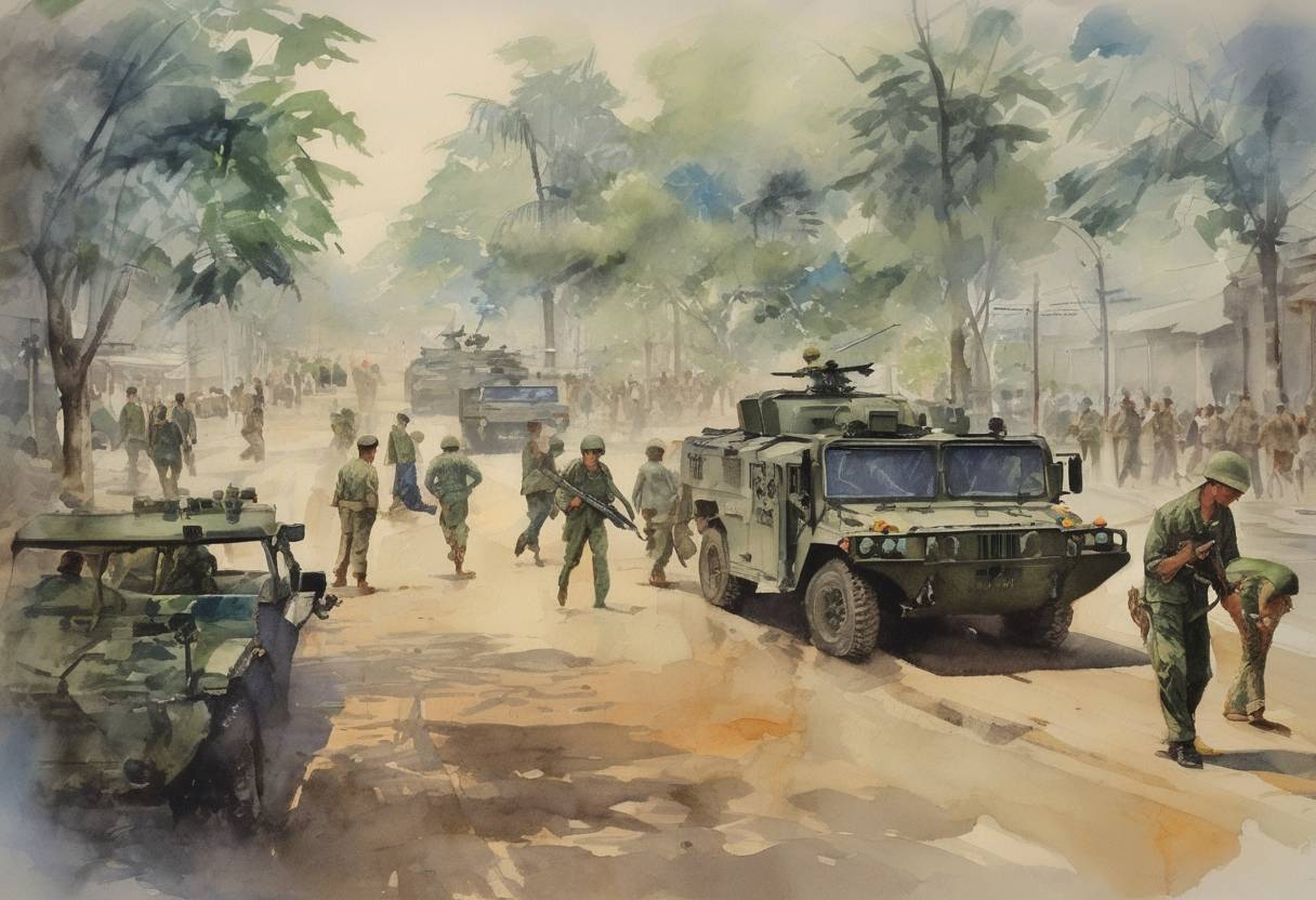 Watercolor painting based depiction of The last United States combat troops left South Vietnam, marking the end of direct U.S. military involvement in the Vietnam War. (1973)