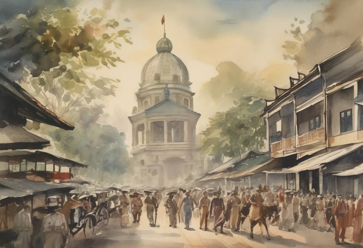 Watercolor painting based depiction of The Netherlands officially recognized Indonesian independence, ending over three centuries of colonial rule. (1949)
