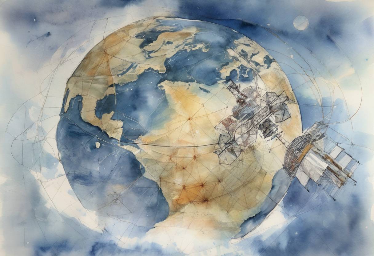 Watercolor painting based depiction of The unification of the International Maritime Satellite Organization (Inmarsat) is established to improve maritime communications. (1979)