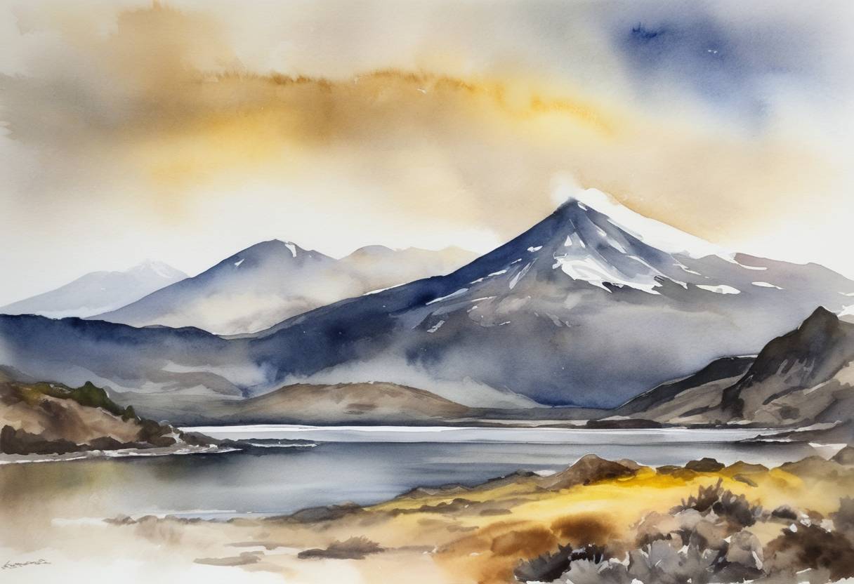 Watercolor painting based depiction of The Laguna del Maule volcano complex in Chile is raised to alert level yellow due to increased seismic activity. (2018)