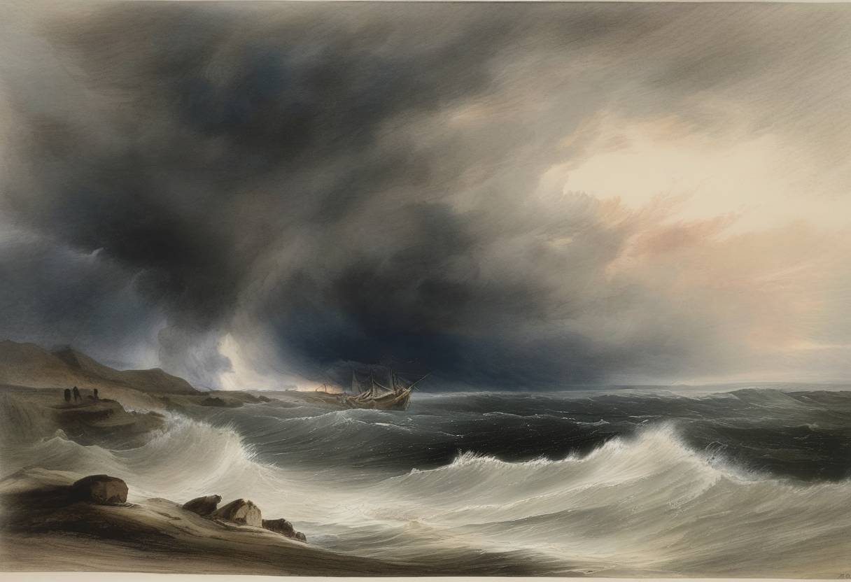 Watercolor painting based depiction of The Night of the Big Wind, a massive storm, hits Ireland, resulting in widespread destruction and loss of life. (1839)